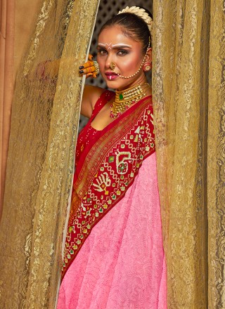 Tussar Silk Chikankari Work Pink Trendy Saree