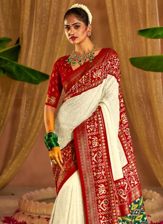 Tussar Silk Embroidered Designer Saree in Off White