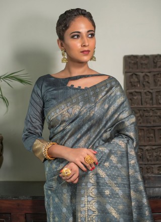 Tussar Silk Grey Contemporary Style Saree