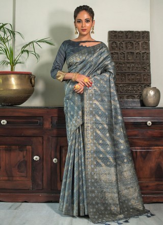 Tussar Silk Grey Contemporary Style Saree