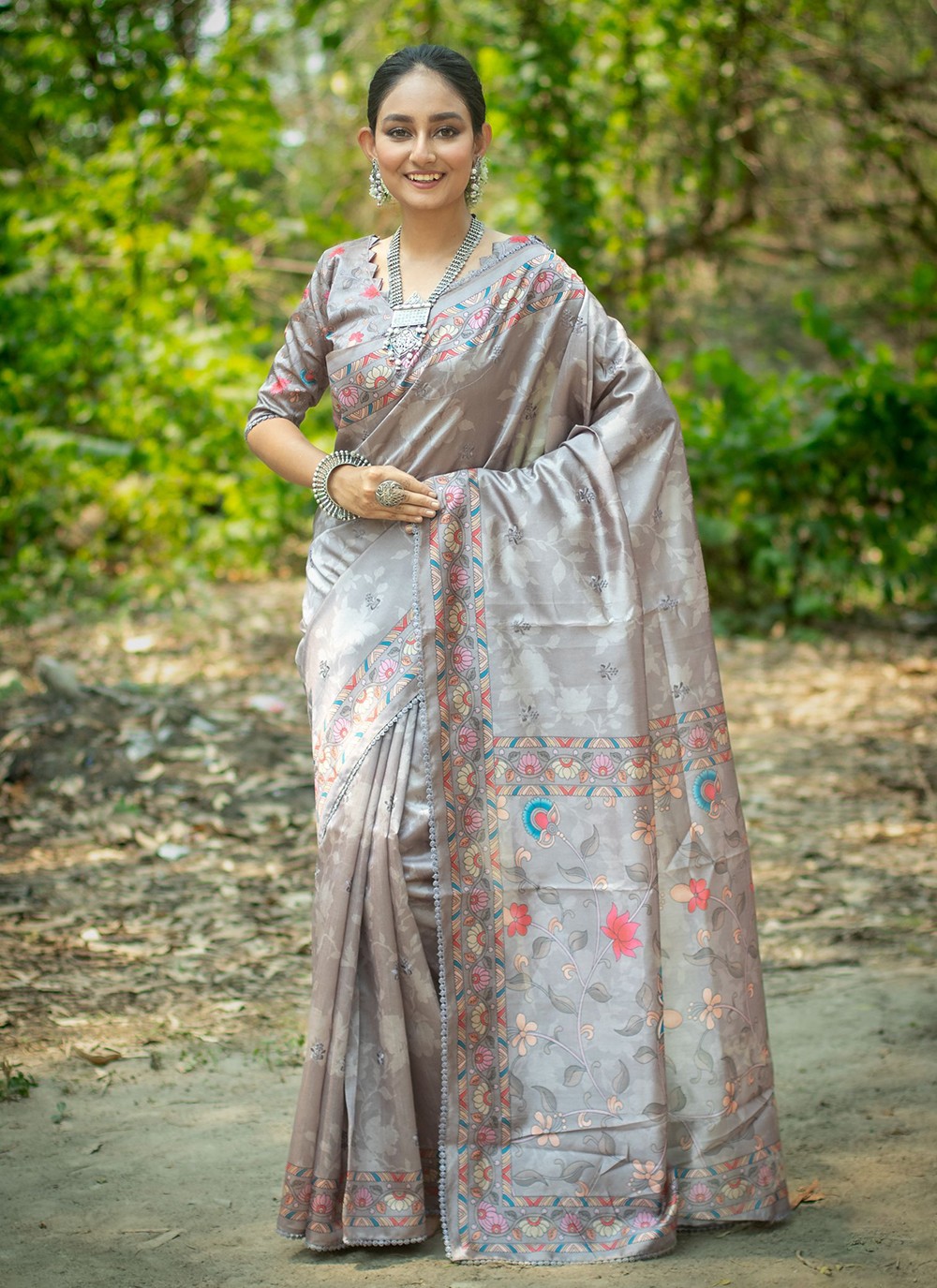 SILK MINA WEAVING GREY WITH RANI COMBINATION SAREE