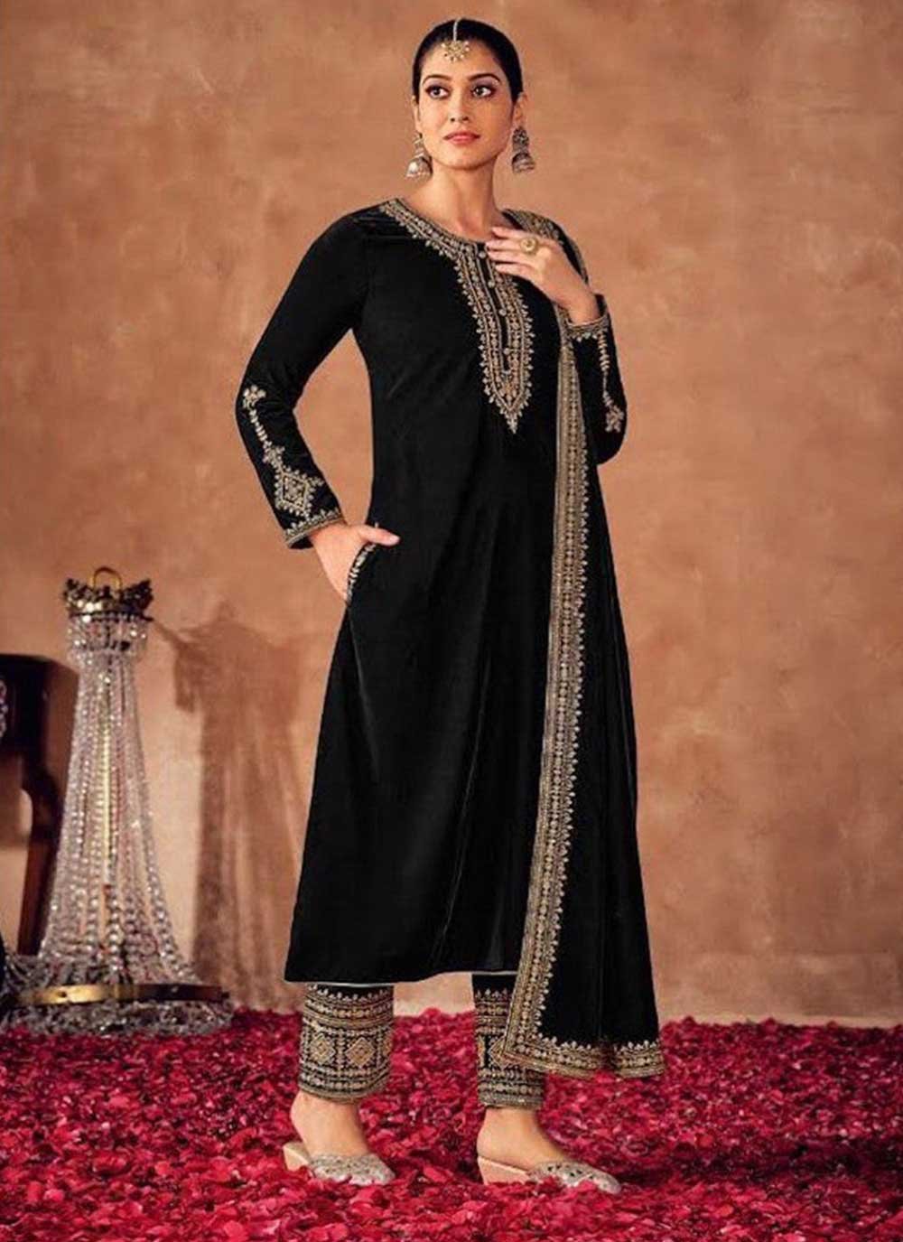 Velvet Black Embroidered Pant Style Suit