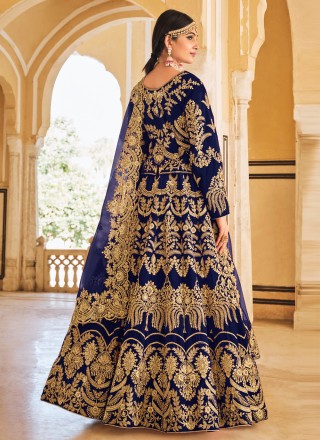 Velvet Embroidered Designer Lehenga Choli in Blue