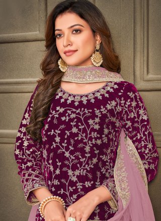 Velvet Embroidered Purple Trendy Salwar Kameez