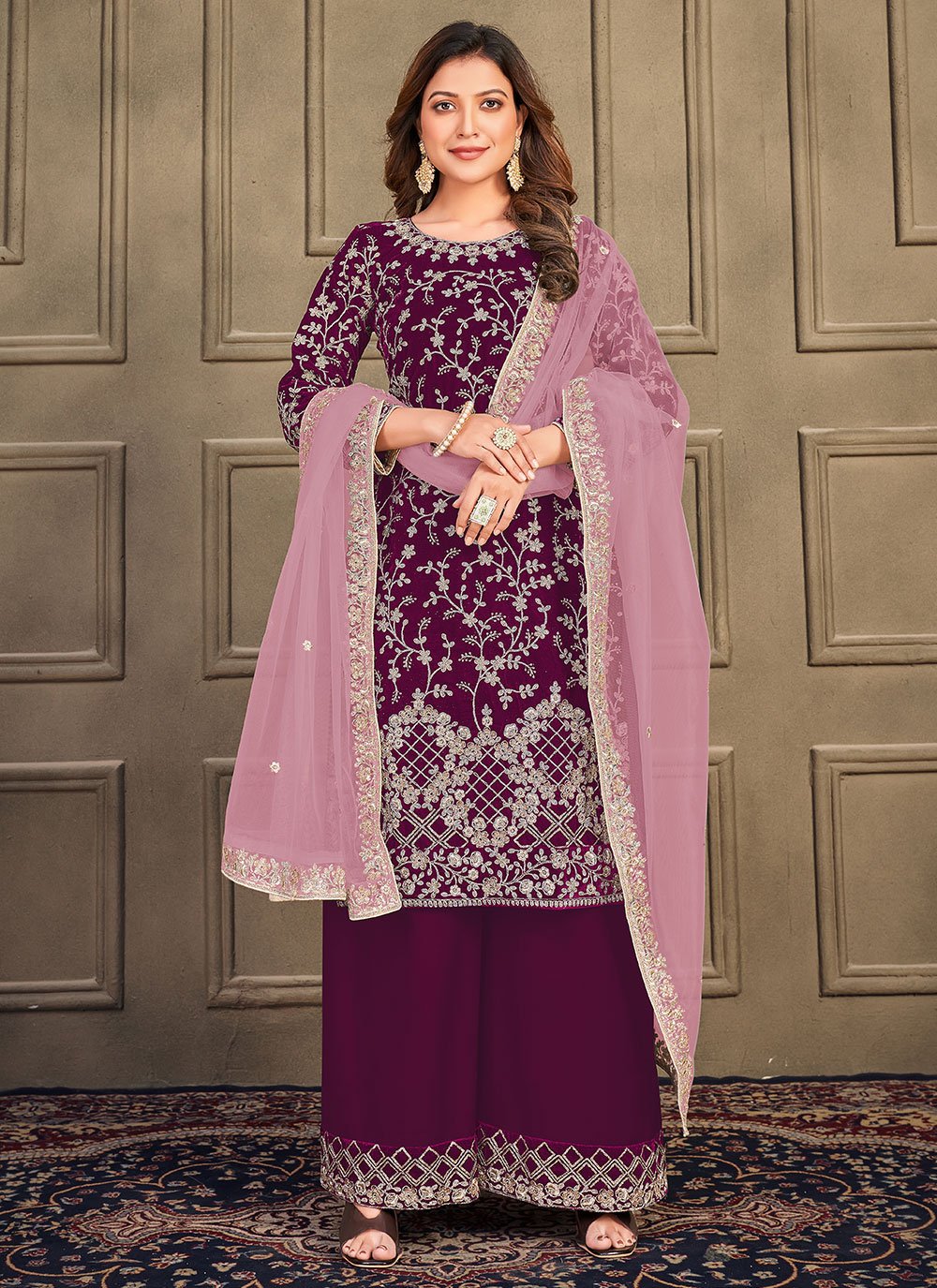 Velvet Embroidered Purple Trendy Salwar Kameez