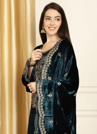 Velvet Embroidered Trendy Salwar Suit in Navy Blue