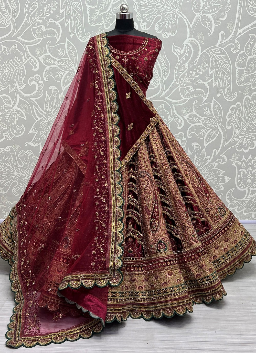 Dark Maroon Velvet Wedding Wear Lehenga Choli Bridal Lengha Chunri Skirt  Top Set - SellersHub.io