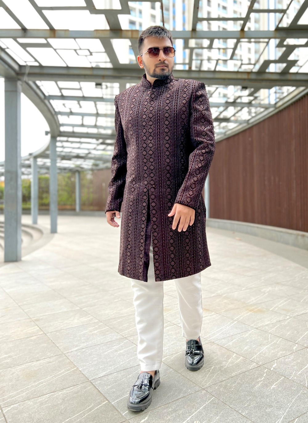 Velvet Fancy Maroon Indo Western Sherwani