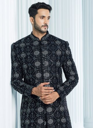 Velvet Indo Western Sherwani with Machine Embroidery and Thread Work