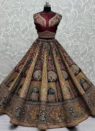 Velvet Lehenga Choli with Embroidered, Patch Border, Sequins, Thread and Zari Work