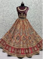 Velvet Multi Colour Embroidered Lehenga Choli