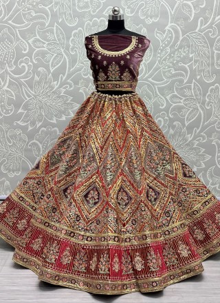 Velvet Multi Colour Embroidered Lehenga Choli