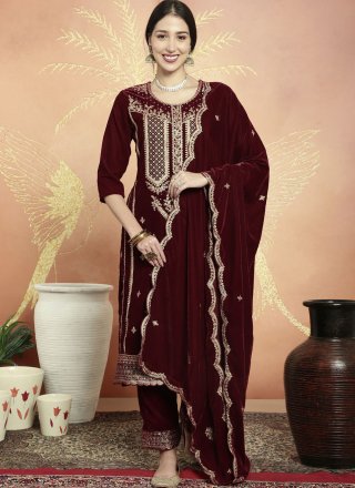 Velvet Pant Style Suit with Embroidered and Resham Work