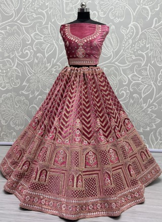 Velvet Pink Thread Work Trendy Lehenga Choli