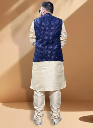 Velvet Thread Work Blue Nehru Jackets
