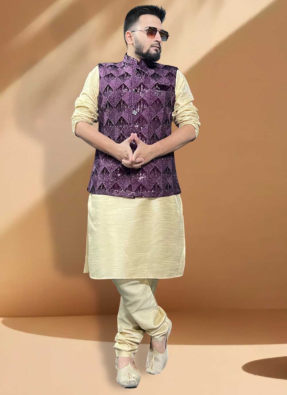 Wine Nehru Jacket Set In Raw Silk With Resham And Mirror Embroidered  Geometric Jaal And Aligarh Pants | centenariocat.upeu.edu.pe