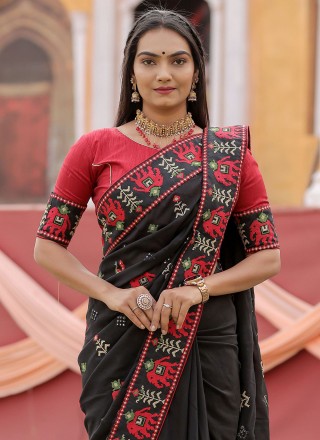 Vichitra Silk Black Embroidered Saree