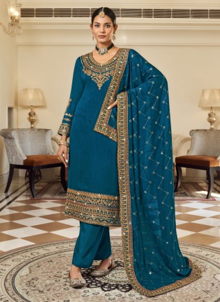 Vichitra Silk Blue Thread Work Pakistani Salwar Suit
