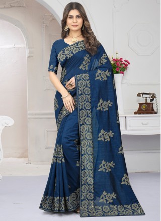 Satin silk Saree with blouse in Navy blue colour 22404