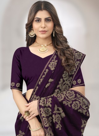 Vichitra Silk Embroidered Classic Saree in Purple