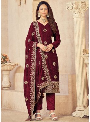Vichitra Silk Embroidered Maroon Straight Salwar Kameez