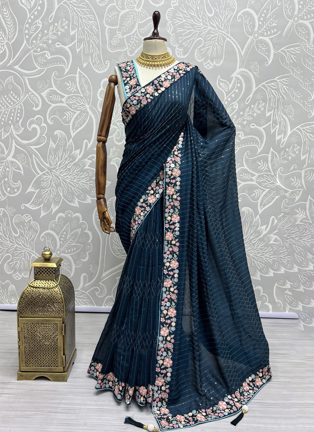 Vichitra Silk Embroidered Navy Blue Saree