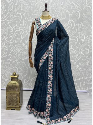 Vichitra Silk Embroidered Navy Blue Saree