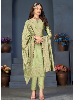 Vichitra Silk Green Embroidered Straight Salwar Kameez