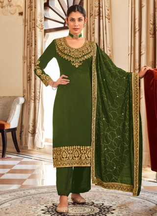 Vichitra Silk Green Thread Work Salwar Kameez