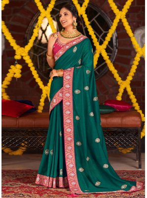 Vichitra Silk Lace Teal Trendy Saree