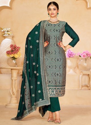 Vichitra Silk Pant Style Suit In Green