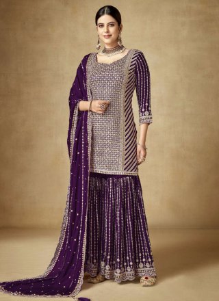 Violet Chinon Embroidered, Sequins and Zari Work Palazzo Salwar Suit for Women