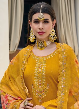 Viscose Embroidered Mustard Pant Style Suit