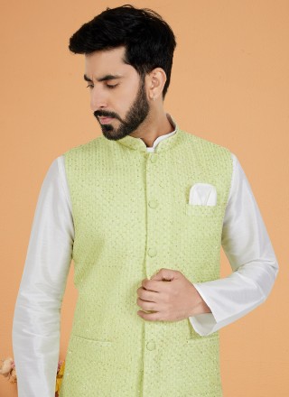 Viscose Green and White Resham Thread Work Kurta Payjama With Jacket