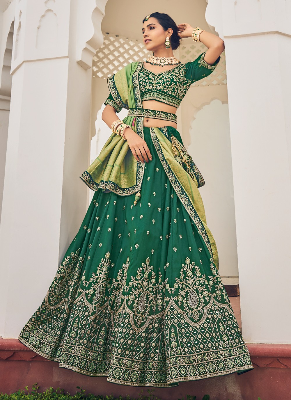 DARK GREEN VELVET WITH EMBROIDERY WORK & CAN CAN BRIDAL LEHENGA CHOLI  @Indian Couture