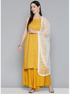 Viscose Mustard Geometric Print Readymade Salwar Suit