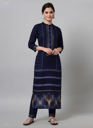 Viscose Printed Casual Kurti in Navy Blue