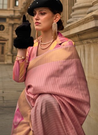 Vivid Peach Handloom Silk Contemporary Sari