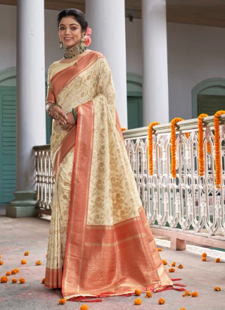 Weaving Banarasi Silk Cream and Red Traditional Designer Saree