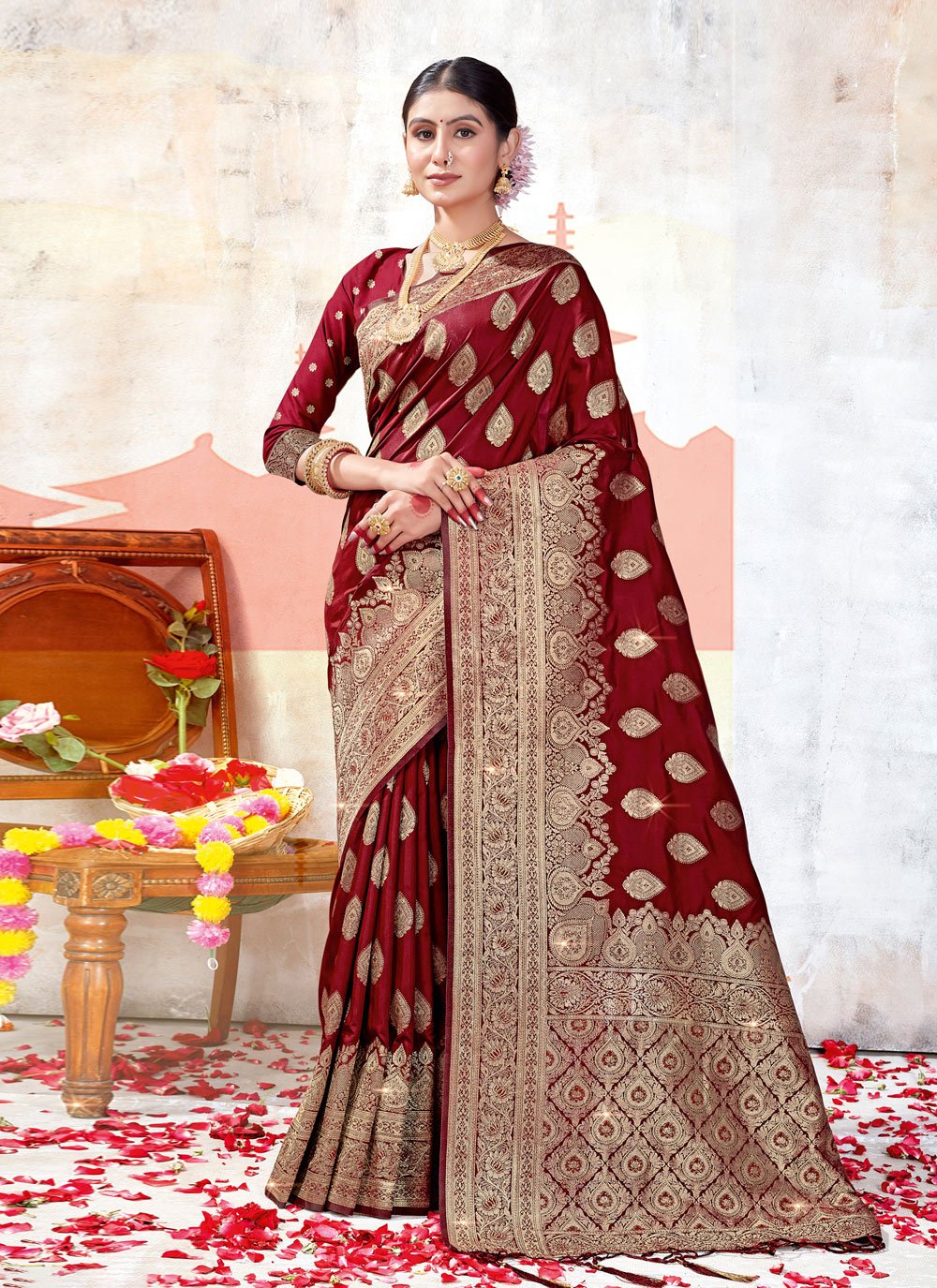 Maroon Banarasi Saree with Crystal Work - Urban Womania