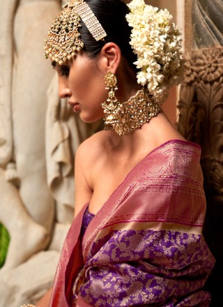 Weaving Banarasi Silk Pink and Purple Classic Saree
