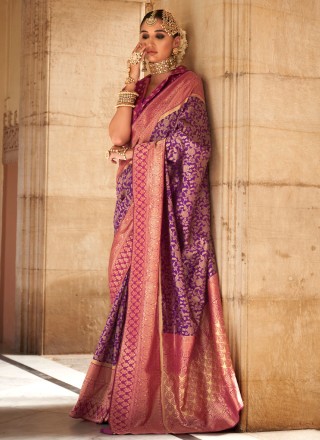 Weaving Banarasi Silk Pink and Purple Classic Saree