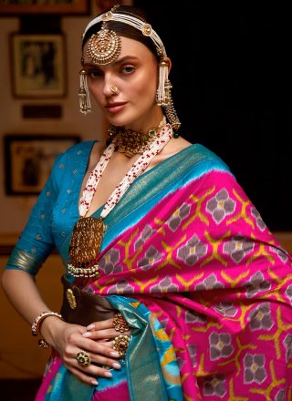 Weaving Blue and Pink Patola Silk  Saree