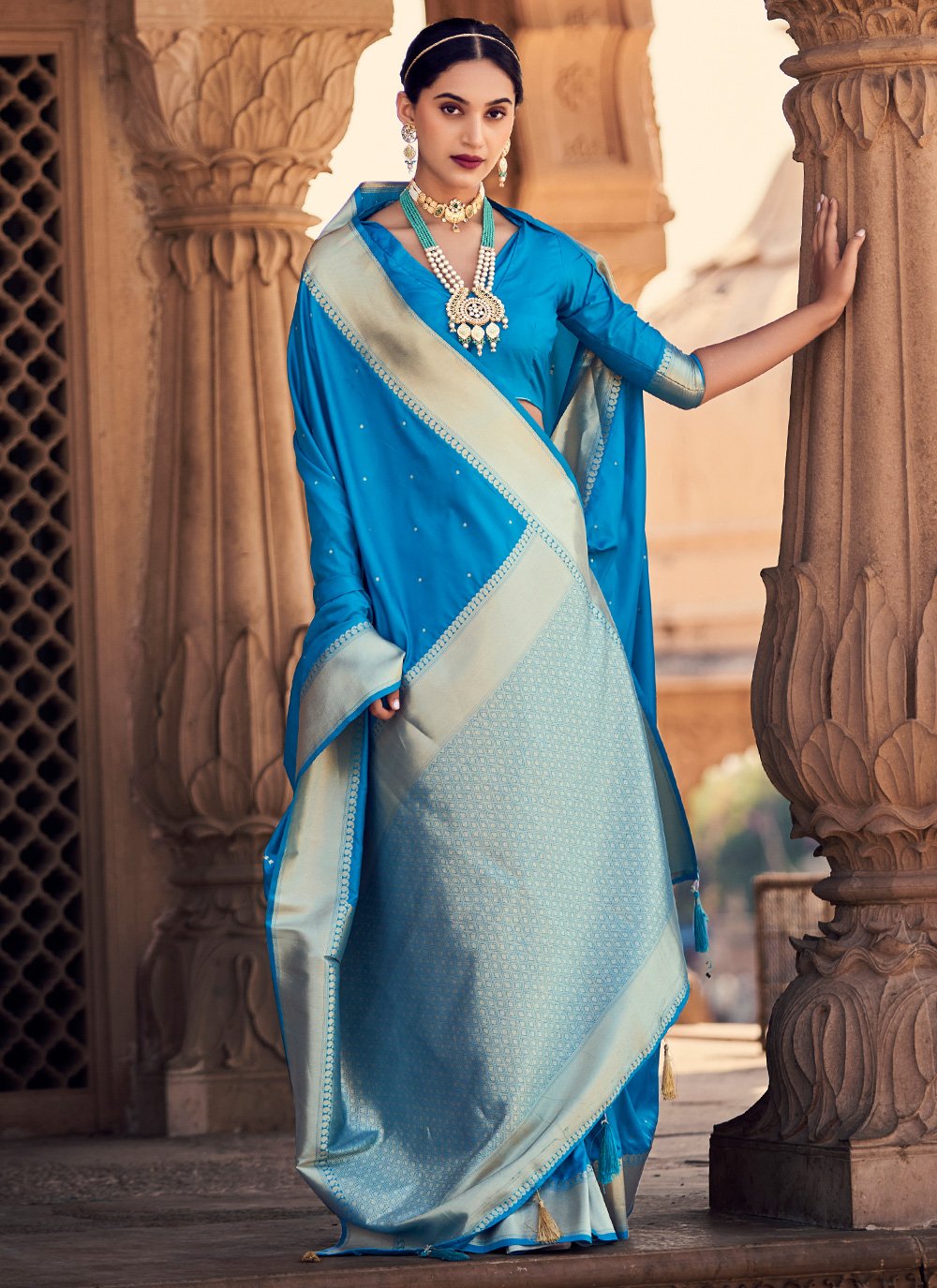 Buy Grancy Firozi Ready To Wear Stylish Saree with Stiched Designer Blouse  at
