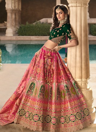 Weaving Green and Pink Banarasi Silk A Line Lehenga Choli