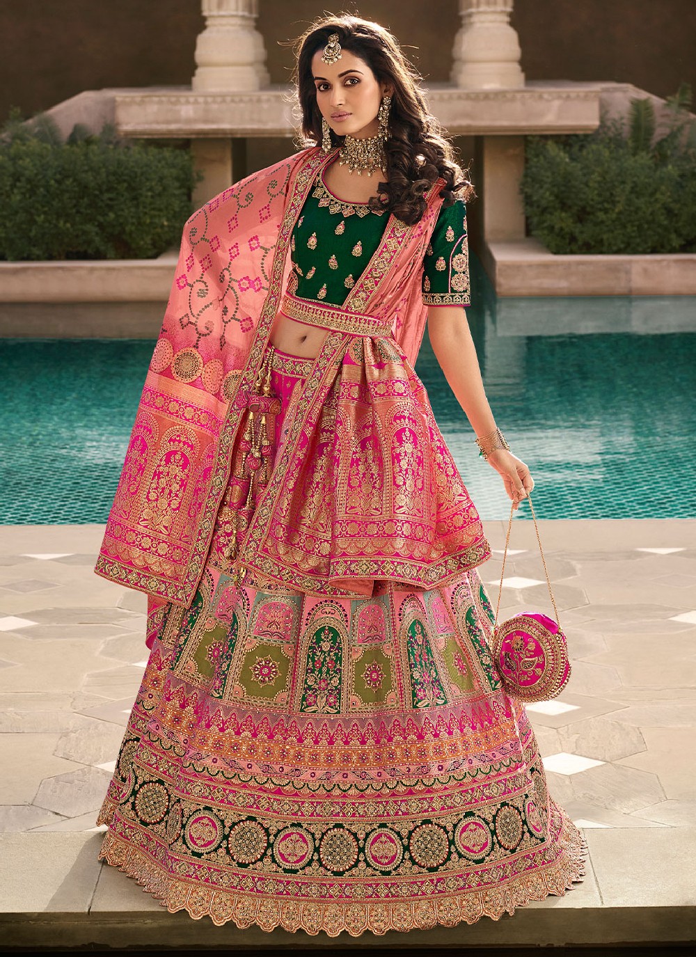Weaving Green and Pink Banarasi Silk A Line Lehenga Choli