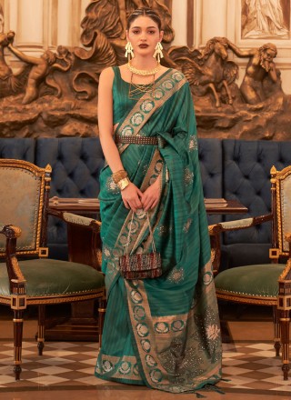 Weaving Green Tussar Silk Contemporary Style Saree