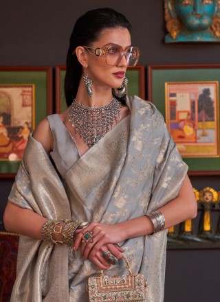 Weaving Handloom silk Contemporary Saree in Grey