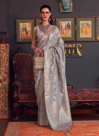 Weaving Handloom silk Contemporary Saree in Grey