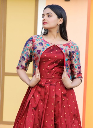 Weaving Maroon Georgette Floor Length Gown